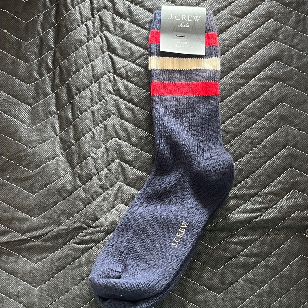 J. Crew Men's Navy Socks with Red and Cream Stripes